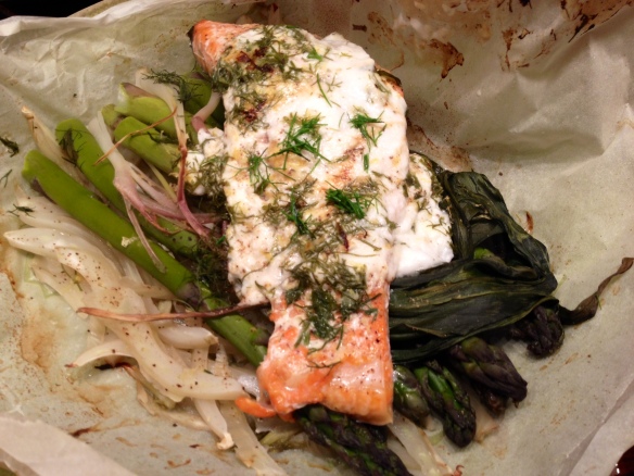 Salmon Fennel Aspargus and Ramps en Papillote