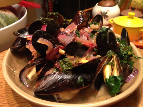 Apple Cider-Braised Mussels with Kale & Bacon