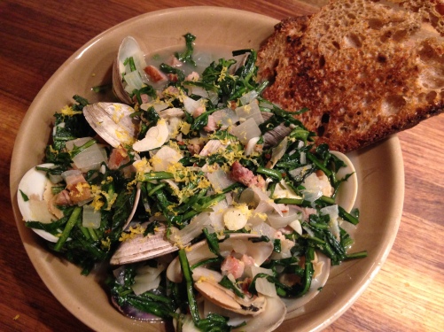 Steamed Clams with Dandelion Greens and Hog Jowl