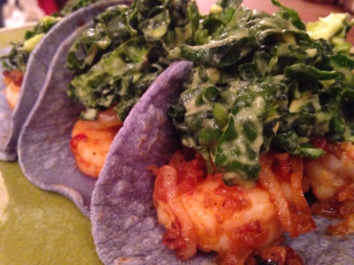 Shrimp Tacos with Kale and Avocado Slaw